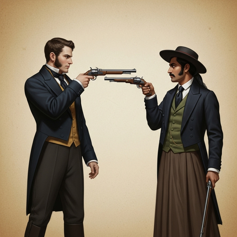 Intriguing Duel of Dapper Gentlemen in Vintage Oil Painting Style Intriguing Duel of Dapper Gentlemen in Vintage Oil Painting Style
