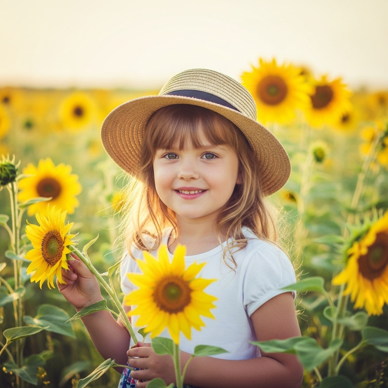 Whimsical Portrait of Young Girl in Vibrant Sunflower Field