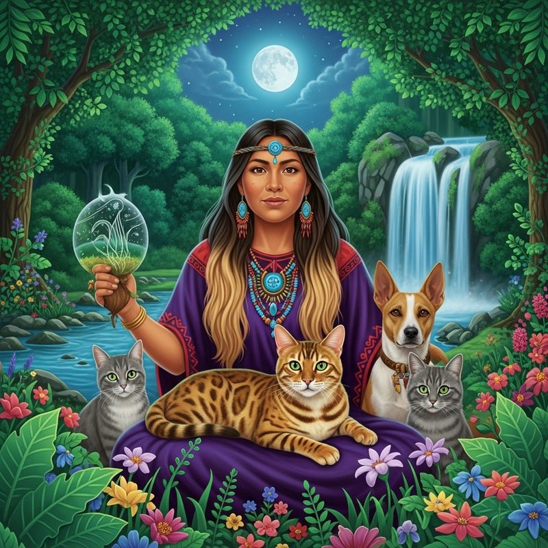 Enchantment in Lush Green Forest: Shaman, Cats, River & Moon