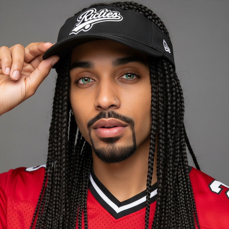 Stylish Long Black Braids with Goatee & Jersey Hat