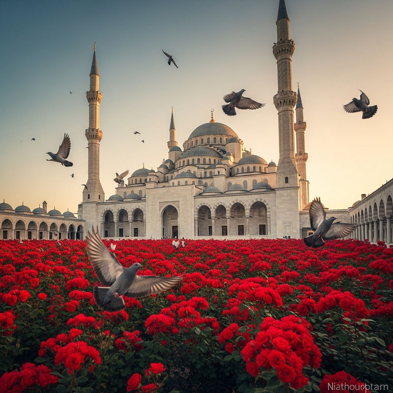 Ottoman White Mosque Surrounded by Red Roses and Soaring Birds Ottoman White Mosque Surrounded by Red Roses and Soaring Birds