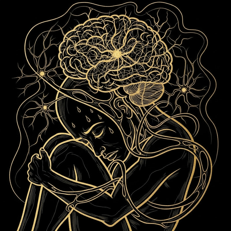 Nightmare: Distressed Body & Brain in Chaotic Black & Gold Scene Nightmare: Distressed Body & Brain in Chaotic Black & Gold Scene