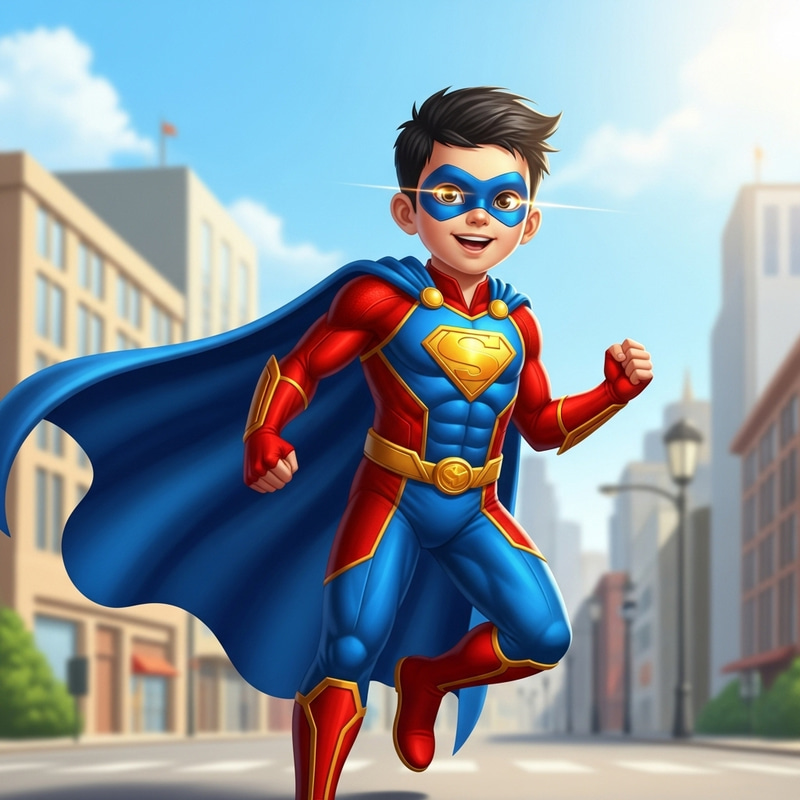 Superkid in Vibrant Costume on Cityscape Background