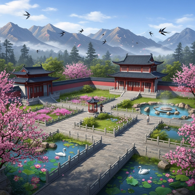 Scenic Chinese Estate: Snowy Mountains, Plum Blossoms & More