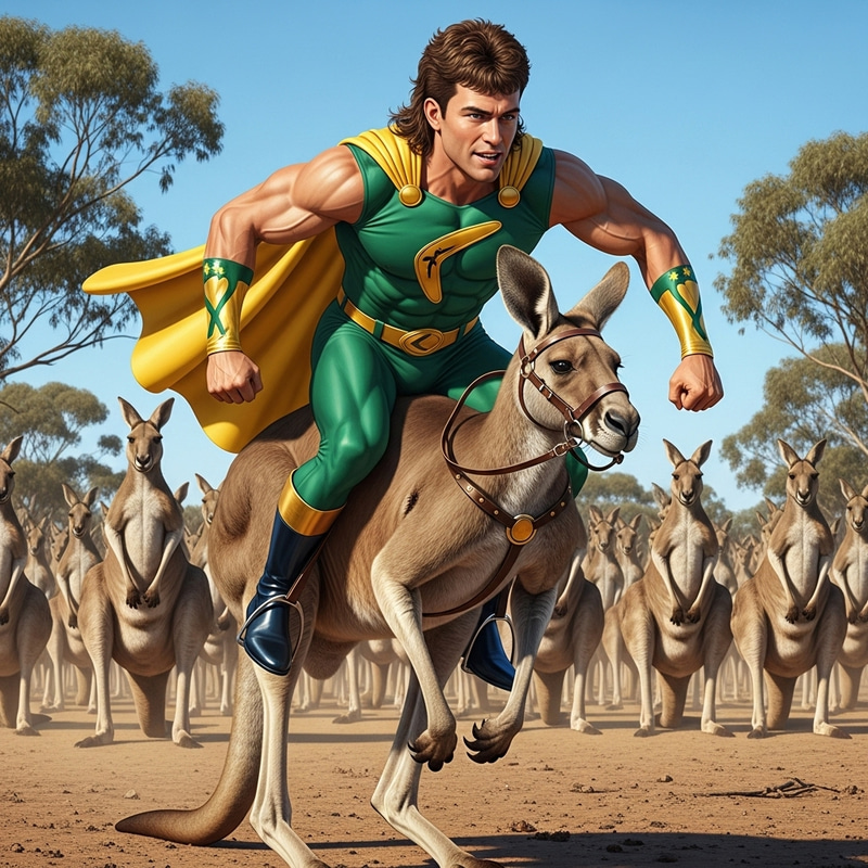 Australian Superhero with Mullet Hairstyle Rides Kangaroo | Leading Kangaroo Army, Strong Man Australian Superhero with Mullet Hairstyle Rides Kangaroo | Leading Kangaroo Army, Strong Man