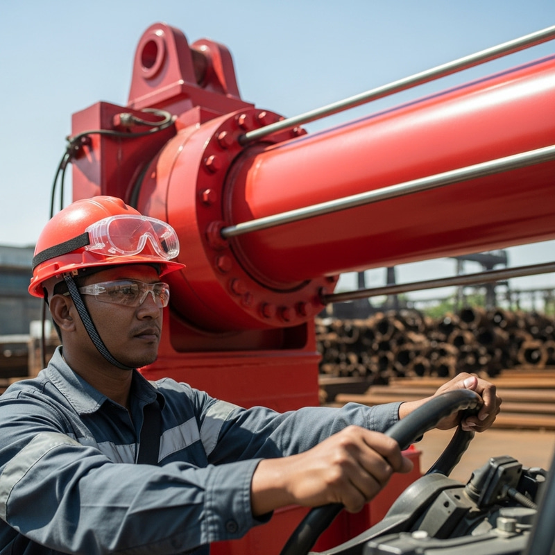 Man Driving with Hydraulic Cylinder in Industrial Landscape