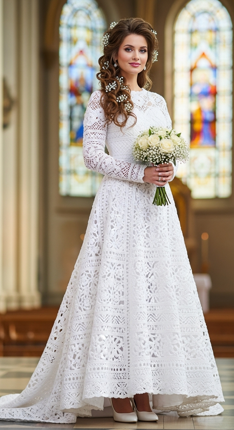 Russian Crochet Wedding Dress with Bulky Yarn in White Color