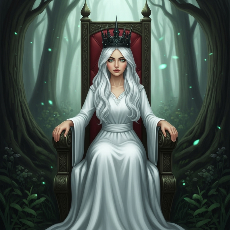 Enchanting Forest Queen with Emerald Eyes and White Hair Enchanting Forest Queen with Emerald Eyes and White Hair