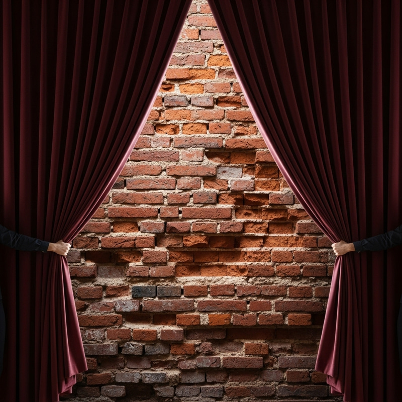 Revealing a Surprise: Pulling Back Plush Velvet Curtains to Expose a Brick Wall Revealing a Surprise: Pulling Back Plush Velvet Curtains to Expose a Brick Wall