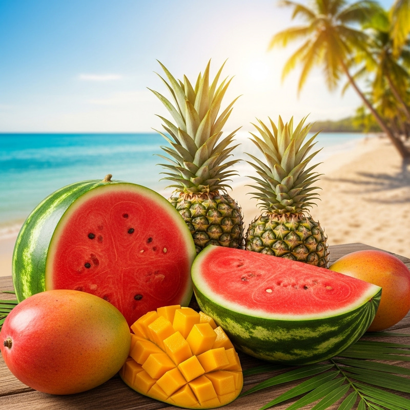 Tropical Beach Fruits: Watermelons, Mangoes & Pineapples Tropical Beach Fruits: Watermelons, Mangoes & Pineapples