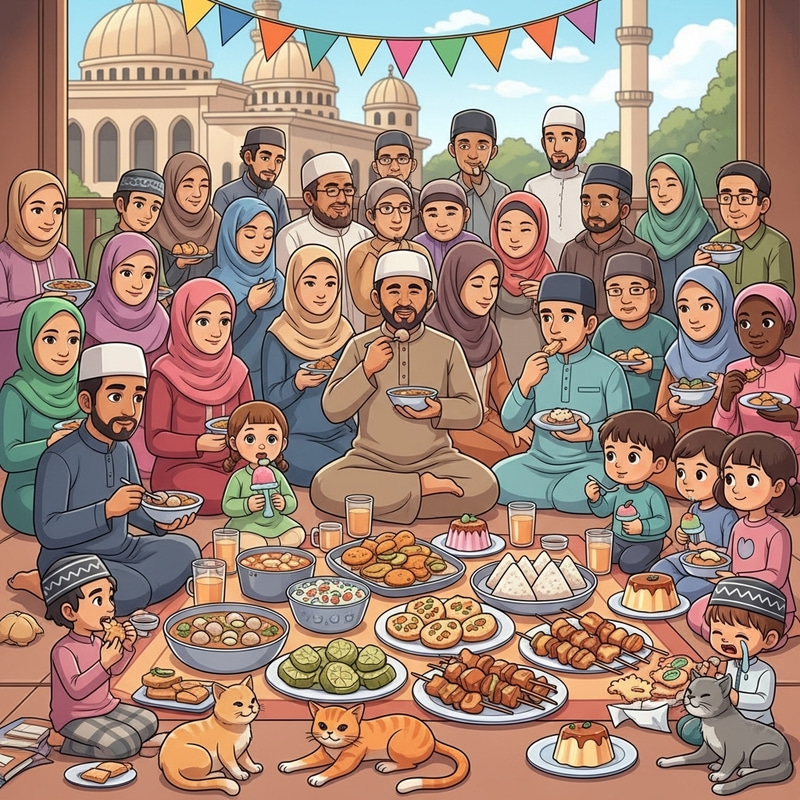 Multi-Cultural Community Feast Outside Mosque with Diverse Individuals