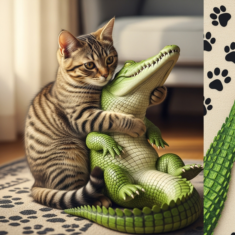 Adorable Cat Cuddles Gentle Crocodile