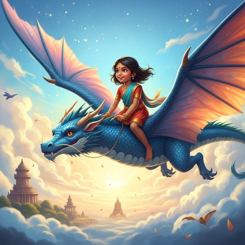 Whimsical Scene: Young Girl Soaring on Majestic Dragon Whimsical Scene: Young Girl Soaring on Majestic Dragon