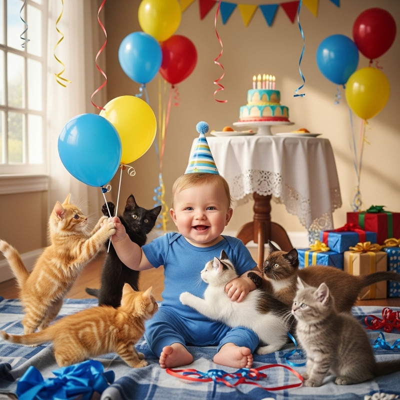 Cute Baby Boy Celebrates Birthday with Playful Cat Cute Baby Boy Celebrates Birthday with Playful Cat