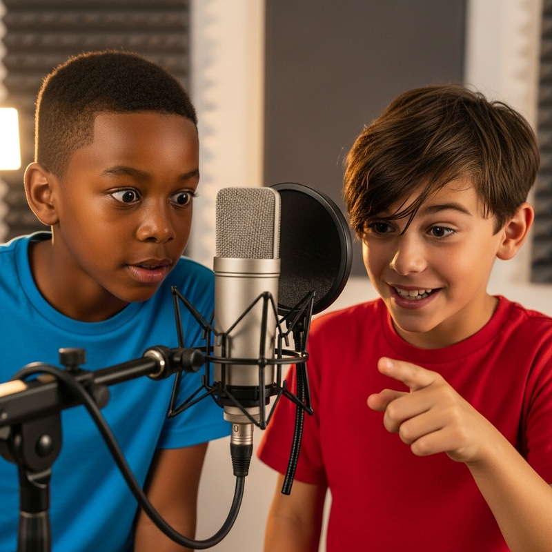 Two Boys Looking at Microphone | Diverse Representation