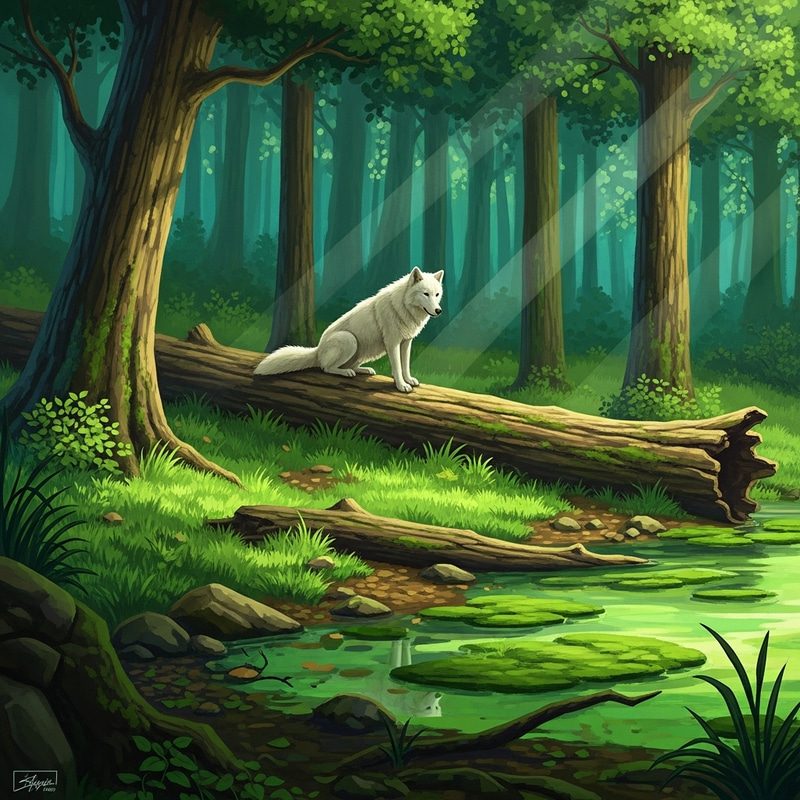 Tranquil Forest Scene with Serene White Wolf Tranquil Forest Scene with Serene White Wolf
