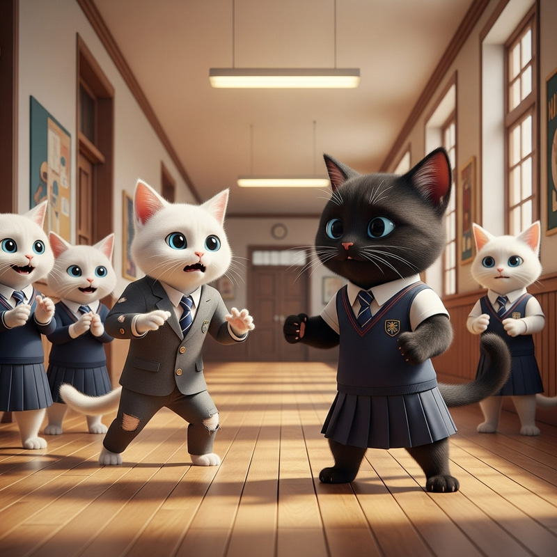 Realistic Black British Cat Wrestler in School Hallway Realistic Black British Cat Wrestler in School Hallway