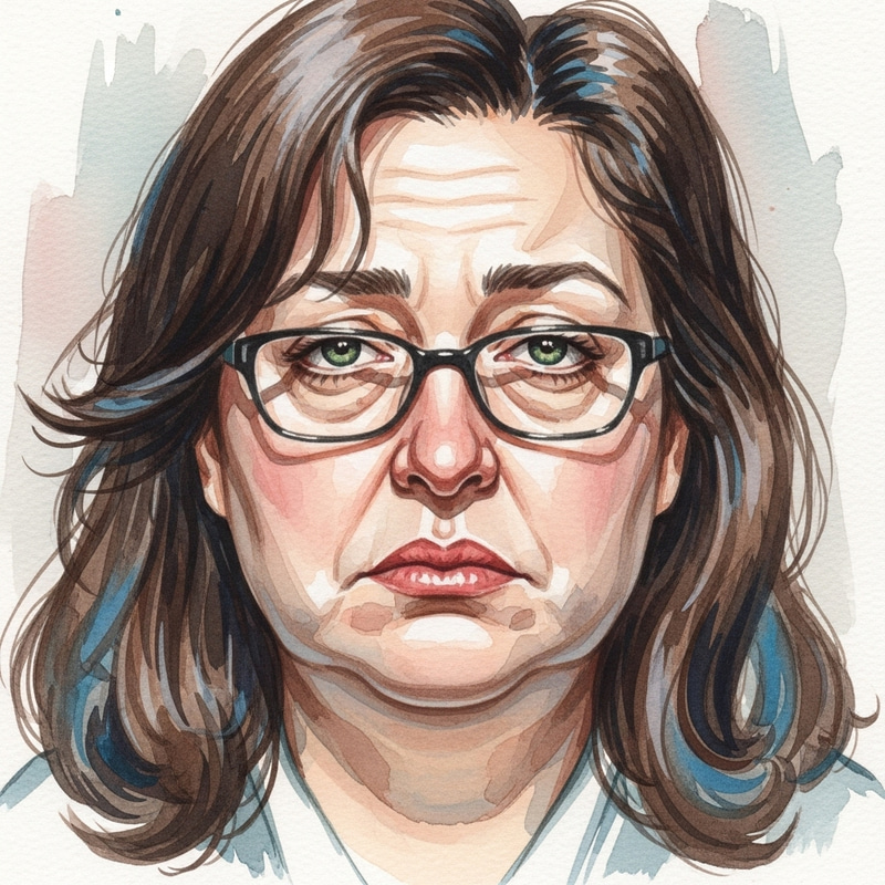 Realistic Tired Woman, Brunette with Blue Highlights, Watercolor Clipart