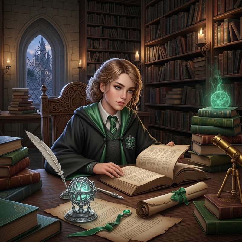 Blond Slytherin Girl with Blue Eyes in Castle Library Blond Slytherin Girl with Blue Eyes in Castle Library