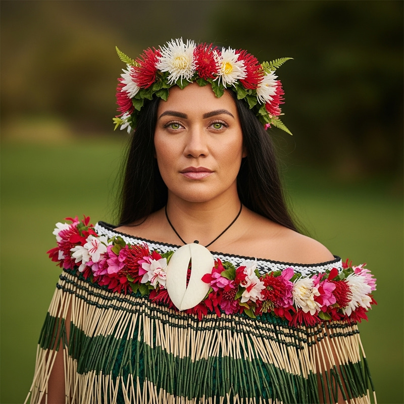 Maori Woman in Traditional Attire amidst Vibrant New Zealand Landscape