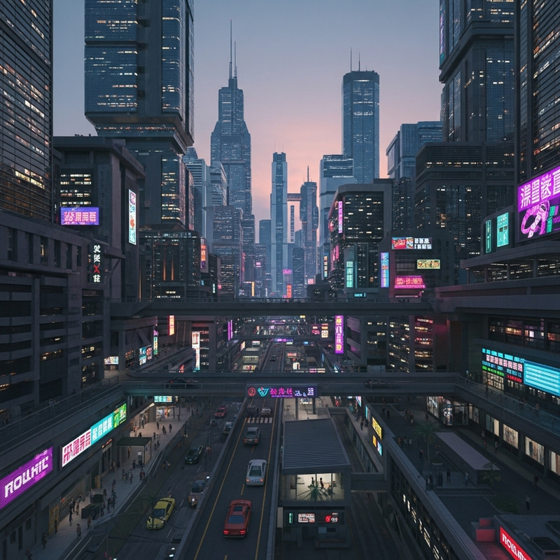 Vibrant Neon Cityscape at Sunset: Cyberpunk Street Scene Vibrant Neon Cityscape at Sunset: Cyberpunk Street Scene