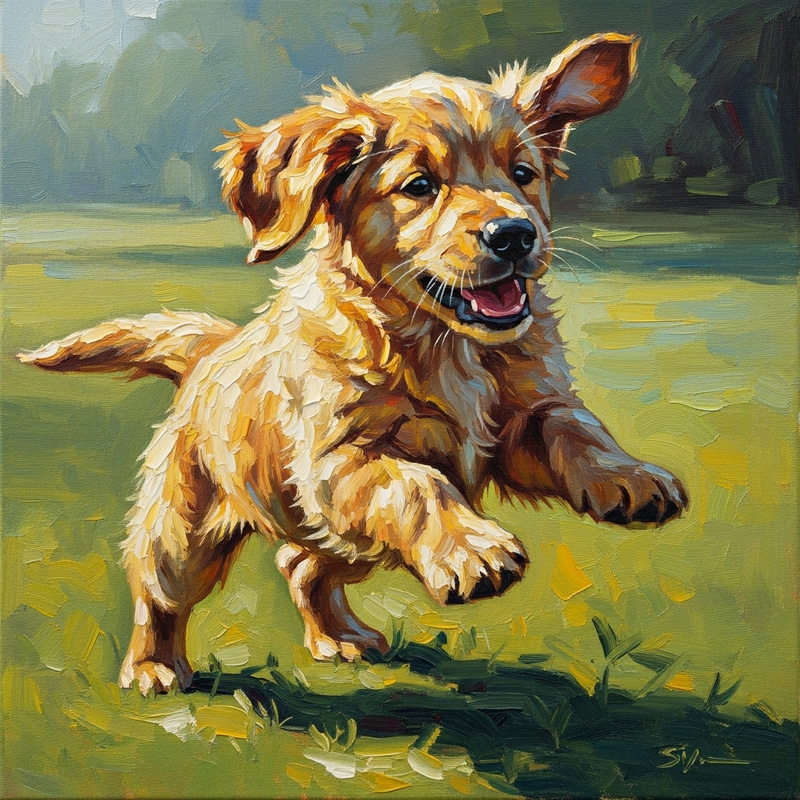 Playful Puppy Oil Painting Style - Artistic Depiction Playful Puppy Oil Painting Style - Artistic Depiction