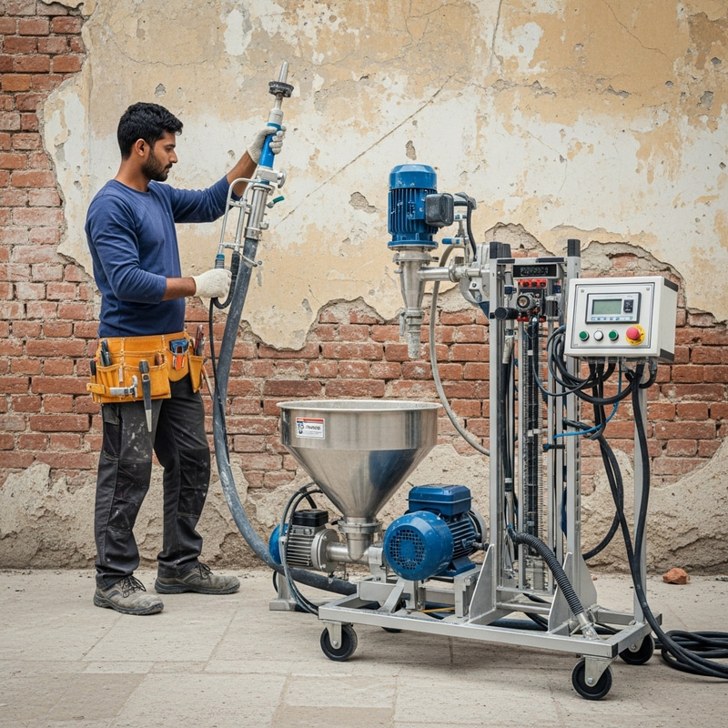 Dedicated South Asian Worker with Mechanized Plastering Equipment
