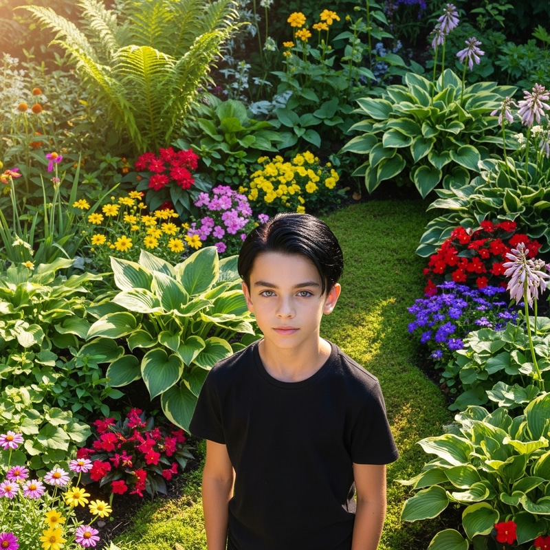 Boy with Beautiful Black Hair in Garden | Stylish Black T-shirt Boy with Beautiful Black Hair in Garden | Stylish Black T-shirt