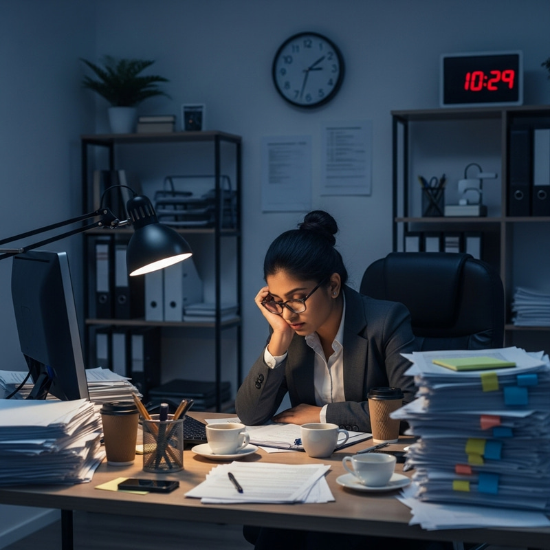 Tired Female Secretary in Evening Office Scene
