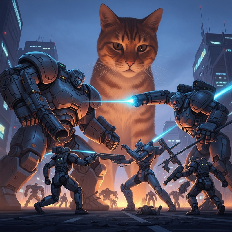 Robotic Giants Battle Massive Feline in Futuristic City Robotic Giants Battle Massive Feline in Futuristic City