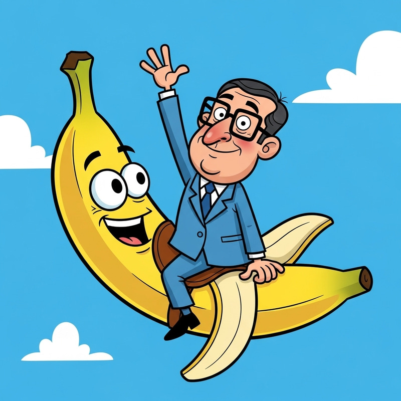 Spanish Politician Riding Banana in Cartoon Style
