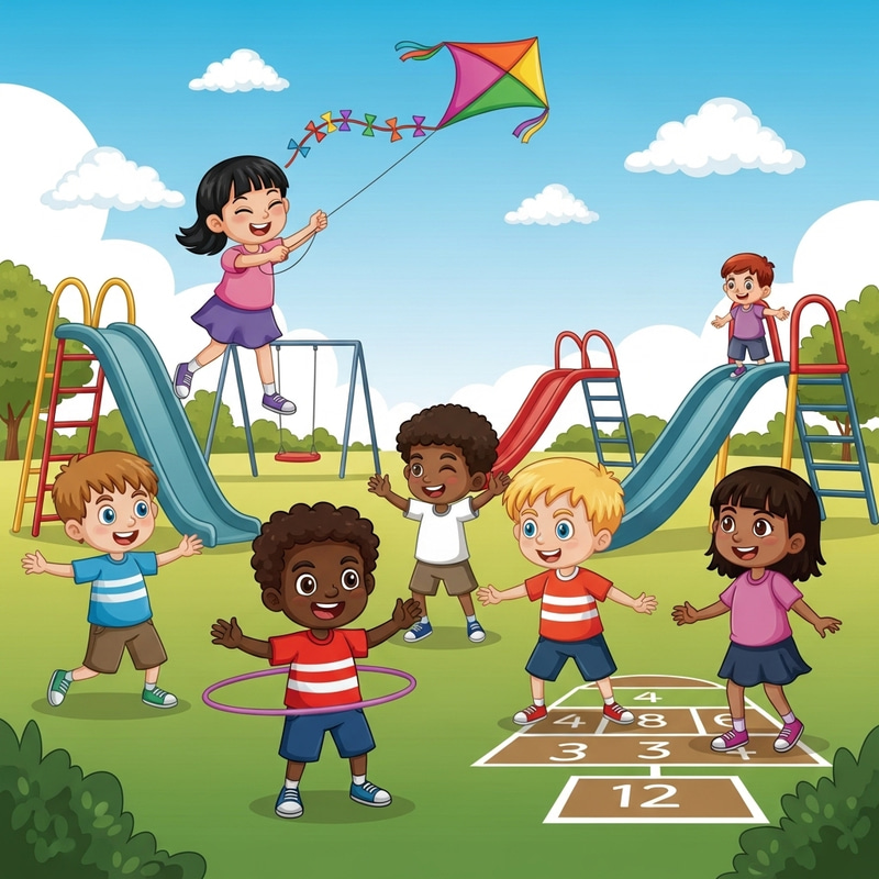 Cartoon Kids Playing in Fun Activities | Lively Park Scene