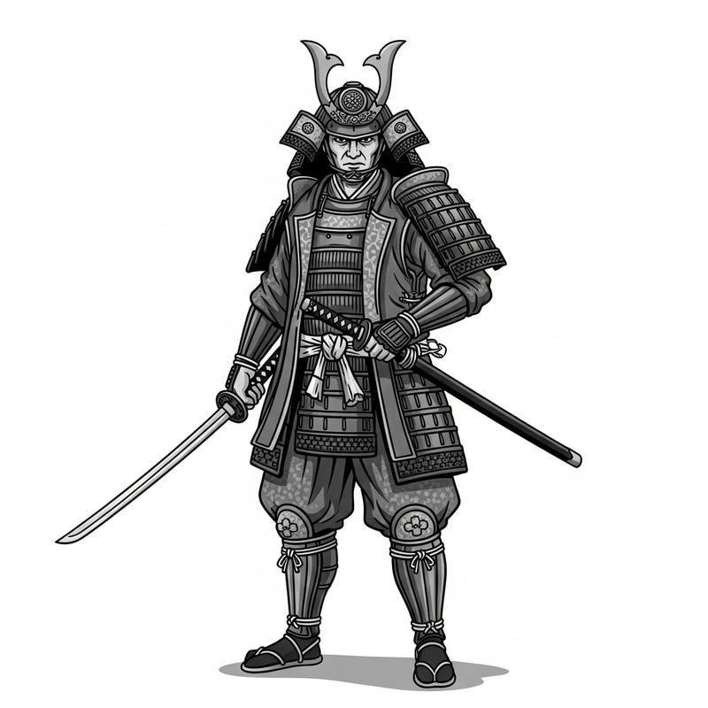 Majestic Samurai Warrior in Traditional Japanese Attire - Black & White Majestic Samurai Warrior in Traditional Japanese Attire - Black & White