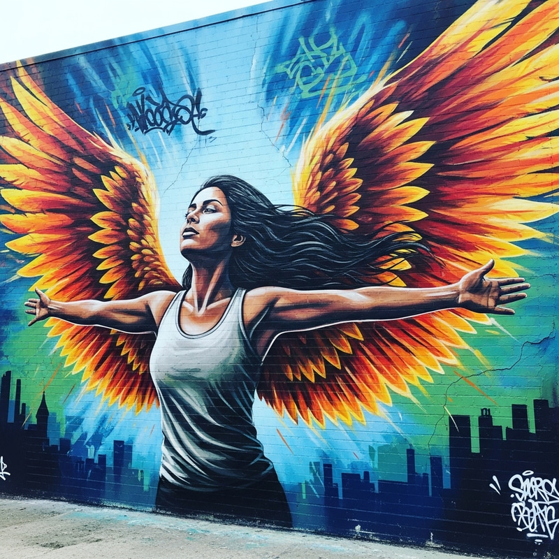 Vibrant Mural of Freedom: Hispanic Woman with Wings