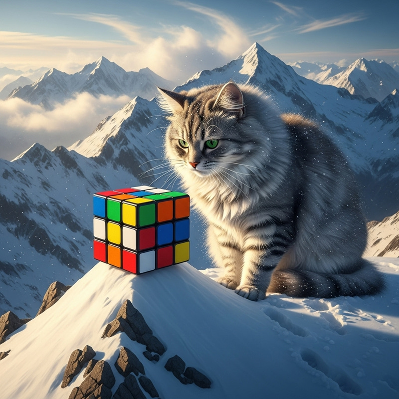 Rubik's Cube on Mountain Peak with a Cat