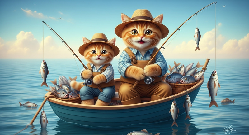 Scottish Cat and Kitten Fishing at Sea: Realism and Charm in Delightful Adventure