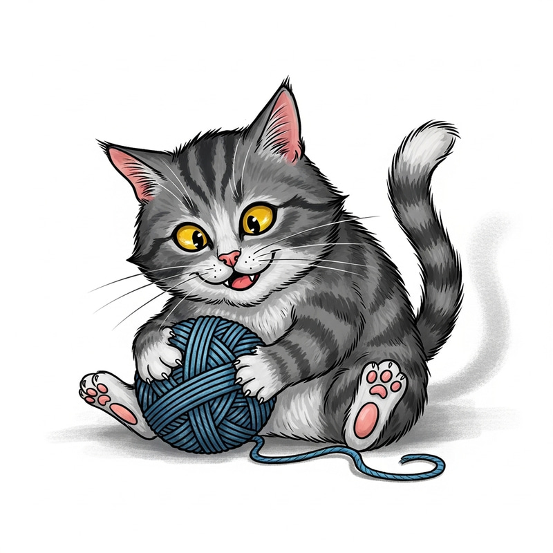 Mischievous Cat Playing with Yarn - Exaggerated and Whimsical Digital Art Mischievous Cat Playing with Yarn - Exaggerated and Whimsical Digital Art