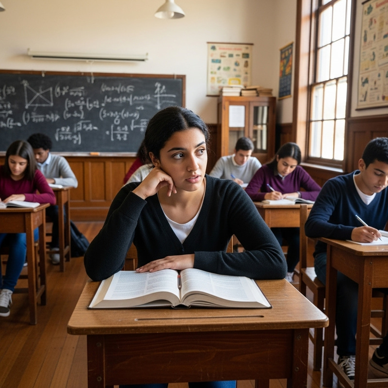 Hesitant Middle-Eastern Female Student in Traditional Classroom Setting Hesitant Middle-Eastern Female Student in Traditional Classroom Setting