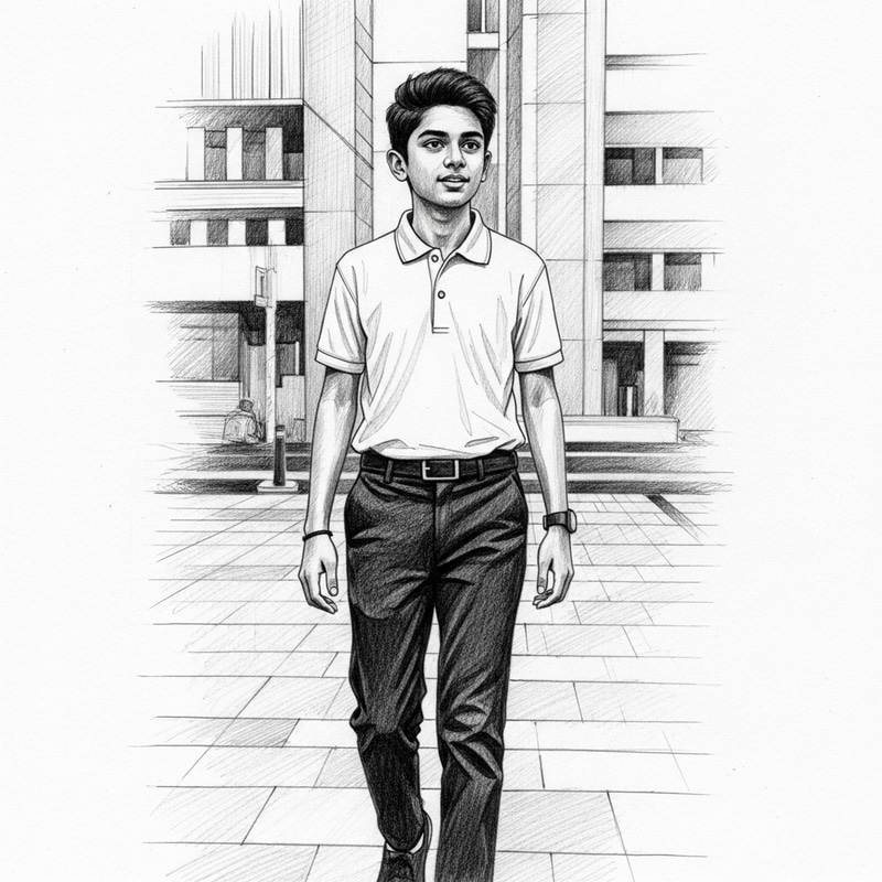 Teen Journeying to Office in White Polo & Black Pants Sketch