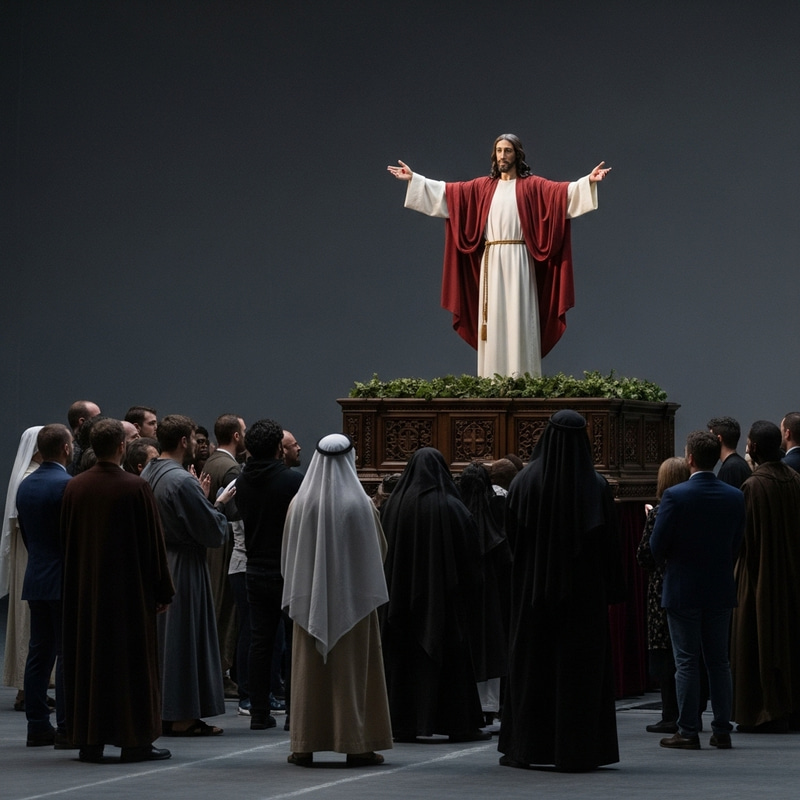 Solemn Depiction of Religious Figure with Diverse Onlookers Solemn Depiction of Religious Figure with Diverse Onlookers