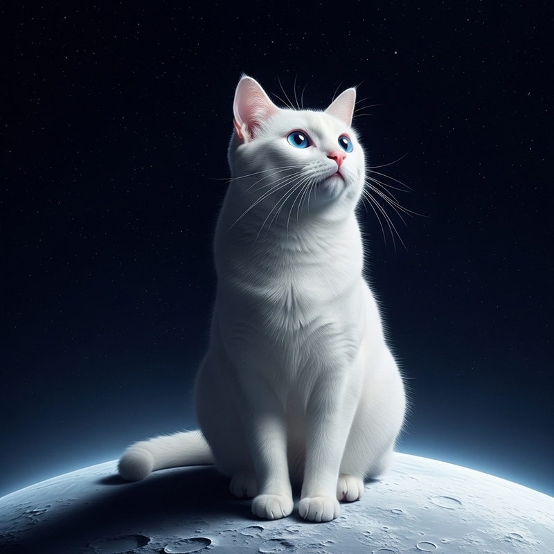 White Cat on the Moon | Tranquil Elegance & Cosmic Wonder