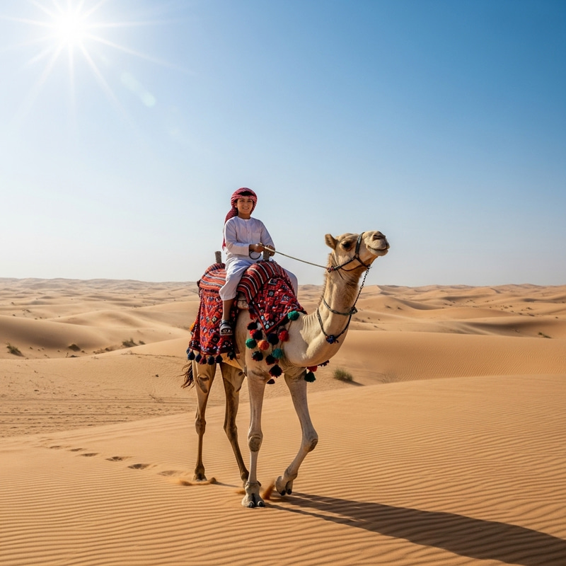 Middle-Eastern Boy Riding Camel in the Vast Desert