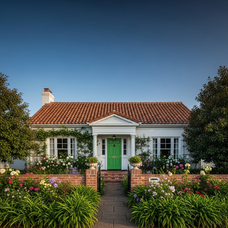 Traditional Home with Terracotta Tiled Roof and Green Entryway Traditional Home with Terracotta Tiled Roof and Green Entryway