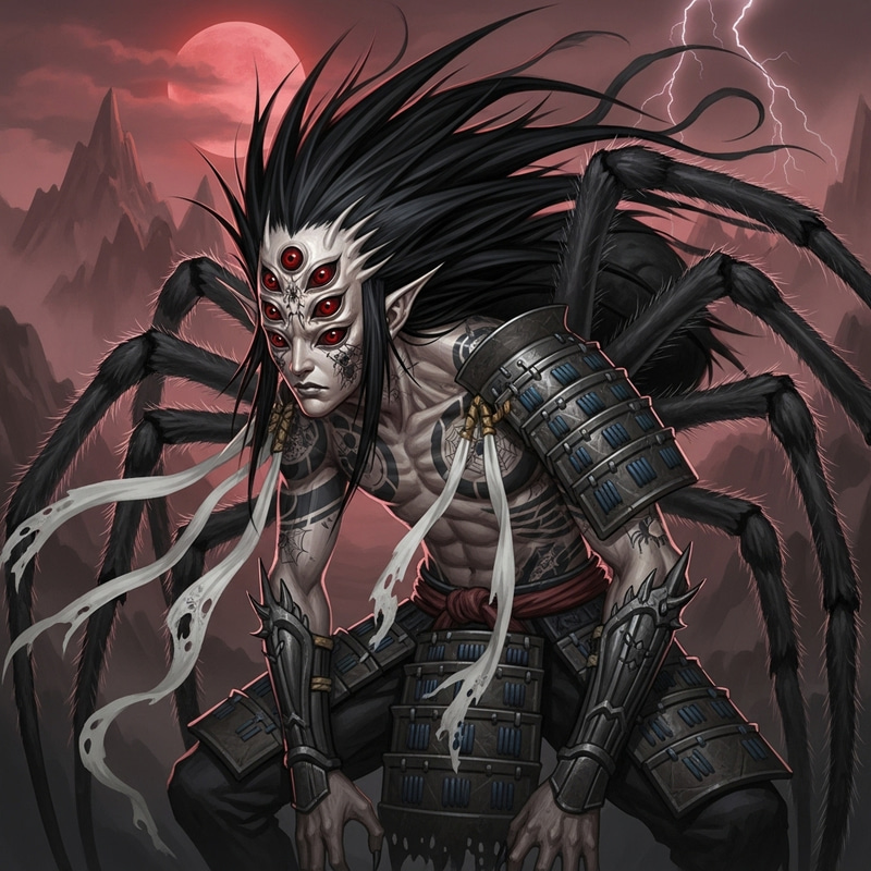 Humanoid Spider Creature with Four Eyes Anime Dark Fantasy Style Humanoid Spider Creature with Four Eyes Anime Dark Fantasy Style