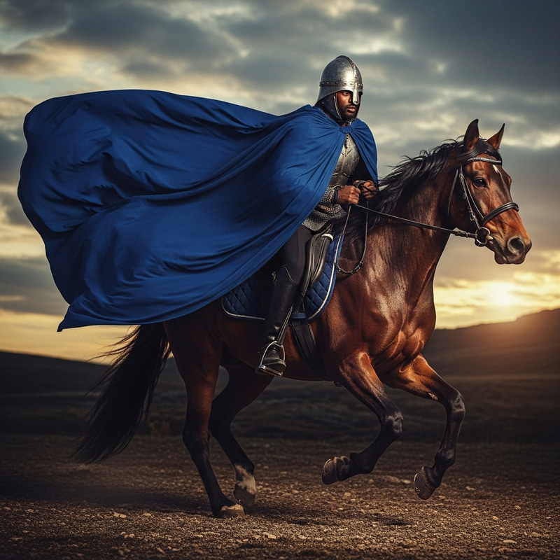 Heroic Black Man on Horseback with Medieval Cape