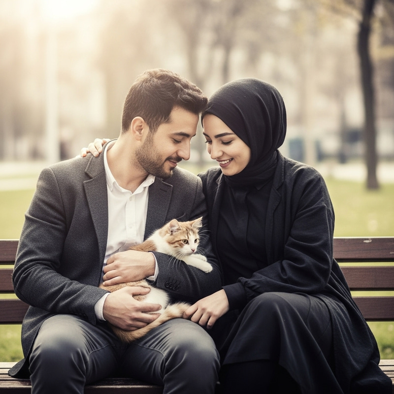 Vintage Romance: Turkish Couple with Cat on Park Bench