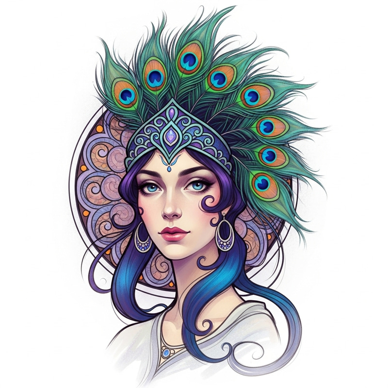 Whimsical Woman Portrait with Peacock Feather Headdress Whimsical Woman Portrait with Peacock Feather Headdress
