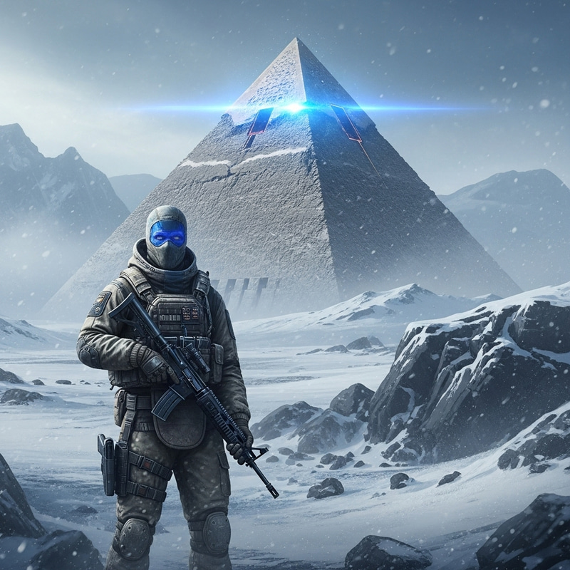 Blue-Eyed Mercenary at Mysterious Pyramid in Harsh Russian Landscape