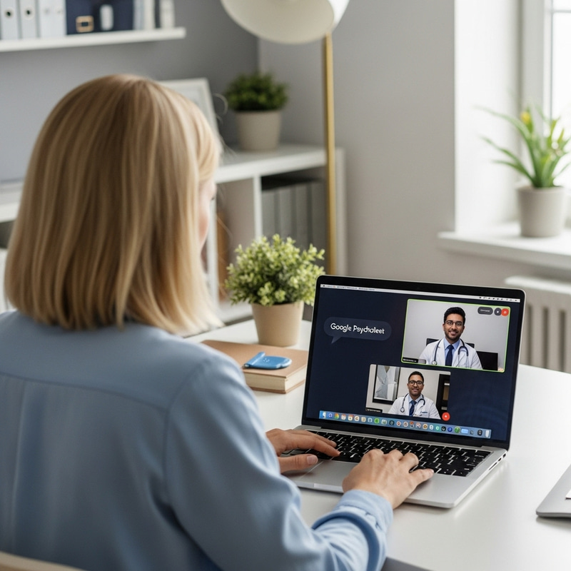 Blonde Psychologist Conducts Online Teleconsultation in Cozy Office