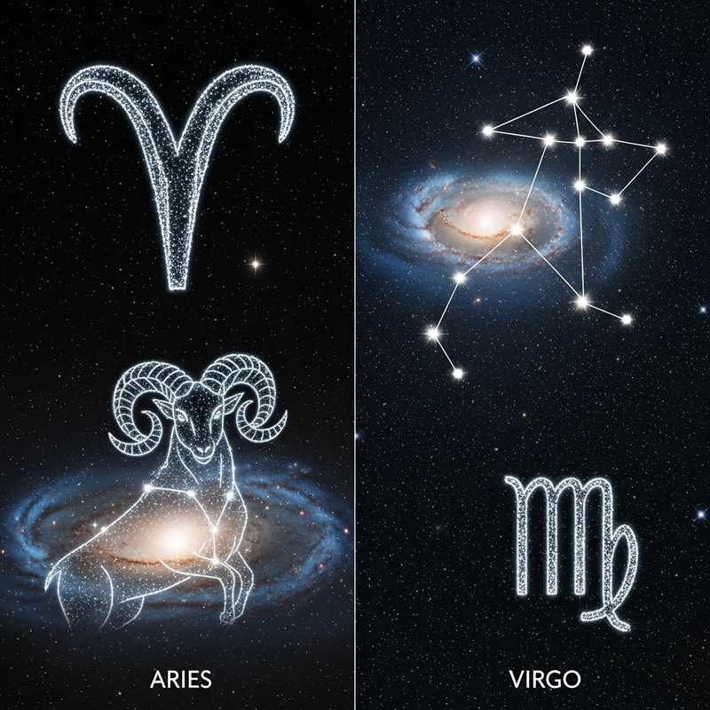 Aries and Virgo Zodiac Constellations in Night Sky Aries and Virgo Zodiac Constellations in Night Sky